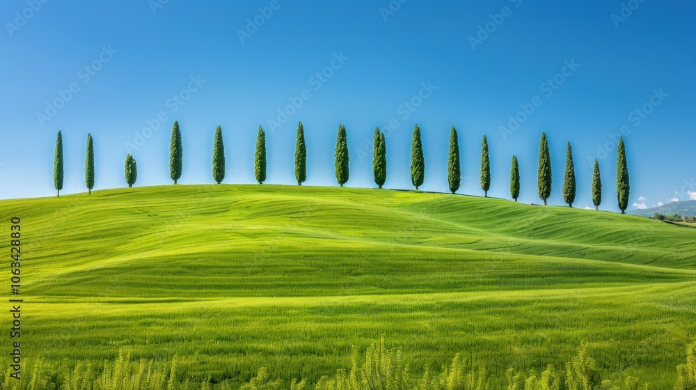 Fototapeta premium Cypress trees on Tuscan landscape against clear sky