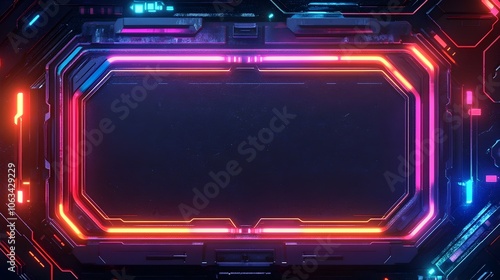 Captivating Holographic Neon Frame with Cybernetic Details on Dark Backdrop