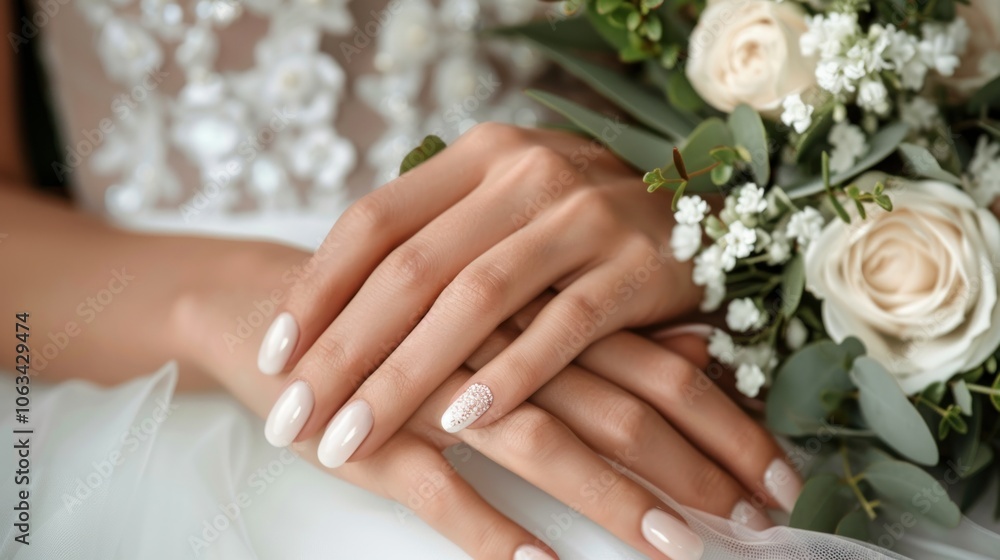Elegant female hands with a chic wedding manicure, focusing on the sophisticated nail design that complements Elegant female hands with a chic wedding manicure, focusing on the sophisticated nail design that complements