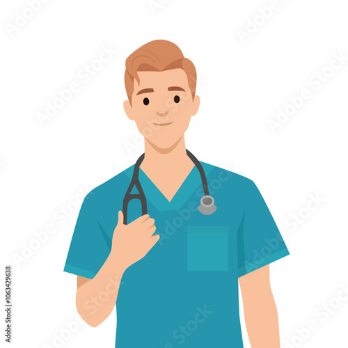 Young man nurse wearing scrubs. Flat vector illustration isolated on white background