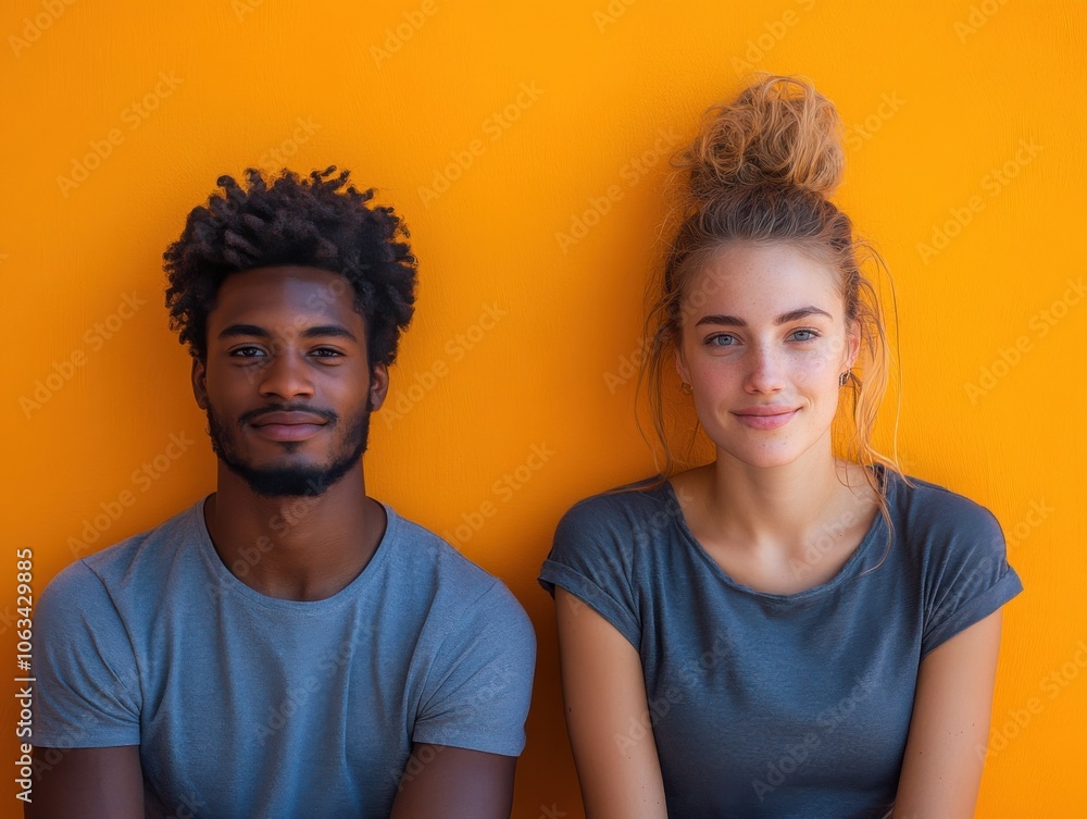 Obraz premium Two diverse individuals sit against a solid orange backdrop. They are dressed in casual gray shirts, creating a calm and friendly atmosphere.