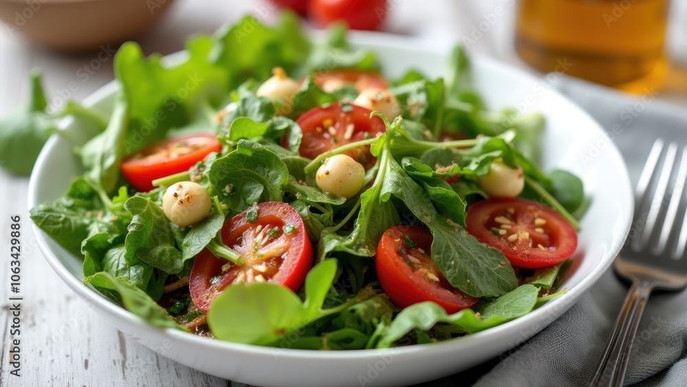 A bowl of salad with tomatoes and greens A bowl of salad with tomatoes and greens
