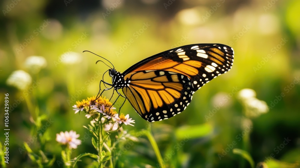 A vibrant butterfly resting on a flower, showcasing its detailed wings and colors against a soft background of nature. A vibrant butterfly resting on a flower, showcasing its detailed wings and colors against a soft background of nature.