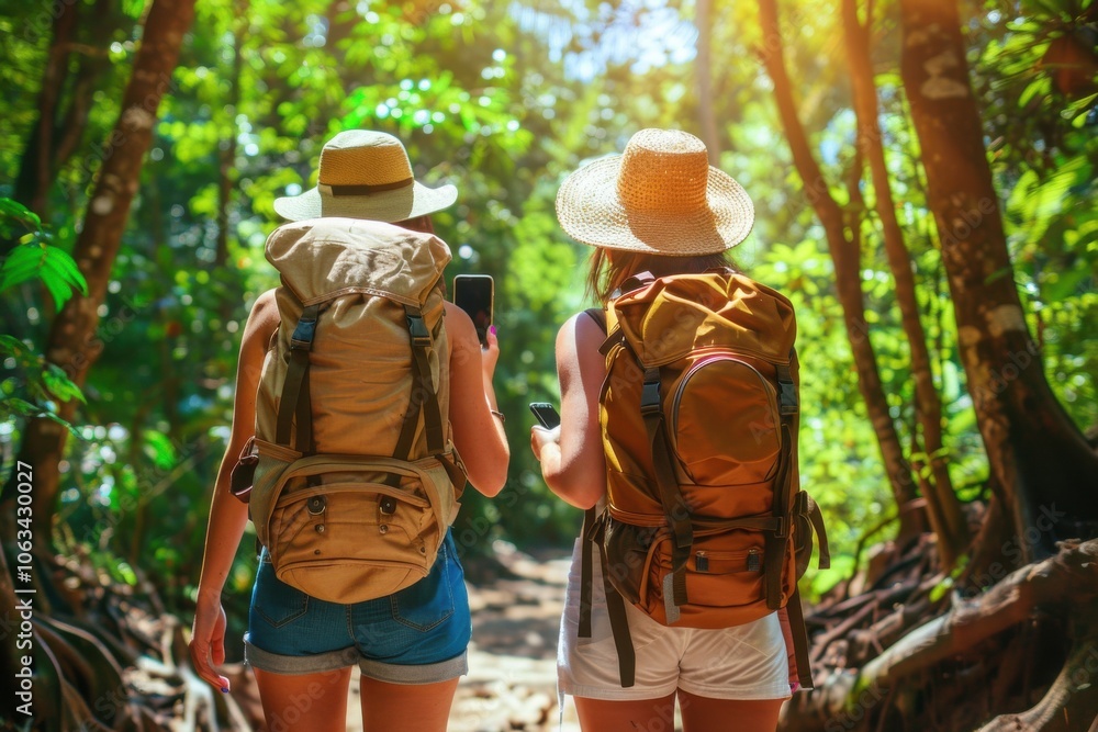 Two young tourists with backpacks take a selfie in a sunlit forest, enjoying a summer day adventure. Two young tourists with backpacks take a selfie in a sunlit forest, enjoying a summer day adventure.