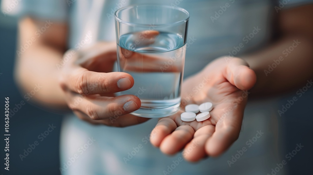 Glass of Water and Pills in Hand Glass of Water and Pills in Hand