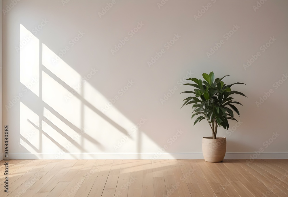 A minimalist indoor scene with a potted plant on a wooden floor and a plain white wall with natural light streaming. A minimalist indoor scene with a potted plant on a wooden floor and a plain white wall with natural light streaming.