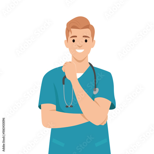 Medical doctor in scrubs with arms folded. Flat vector illustration isolated on white background