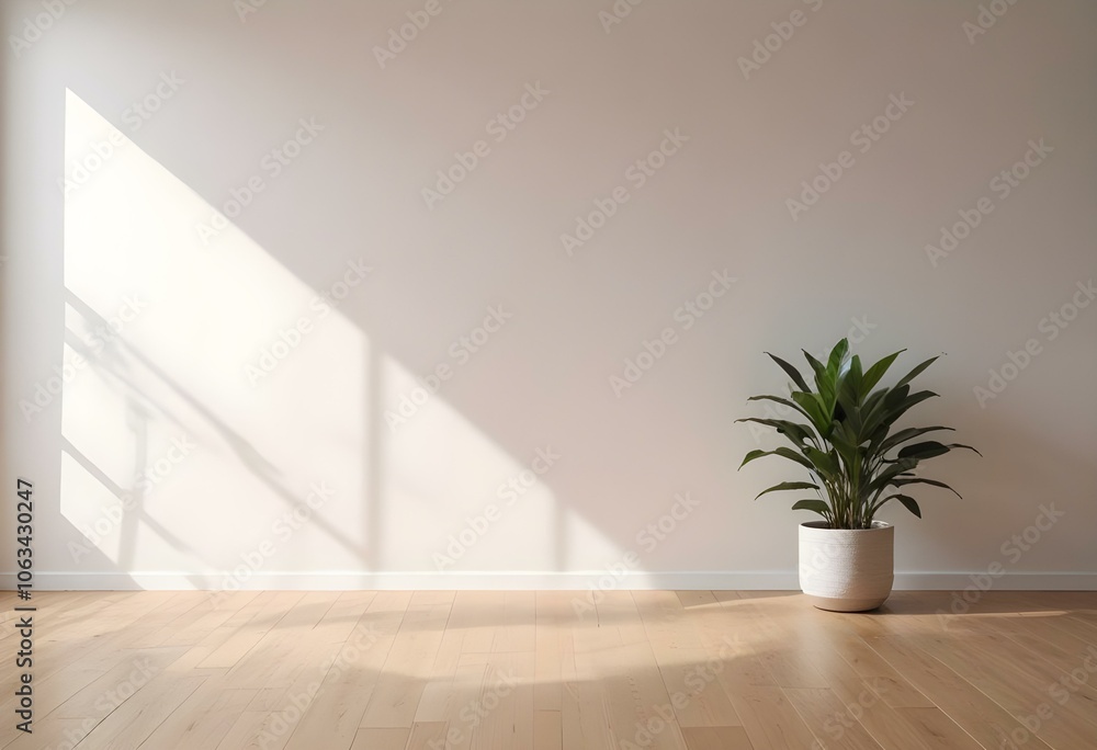 A minimalist indoor scene with a potted plant on a wooden floor and a plain white wall with natural light streaming. A minimalist indoor scene with a potted plant on a wooden floor and a plain white wall with natural light streaming.