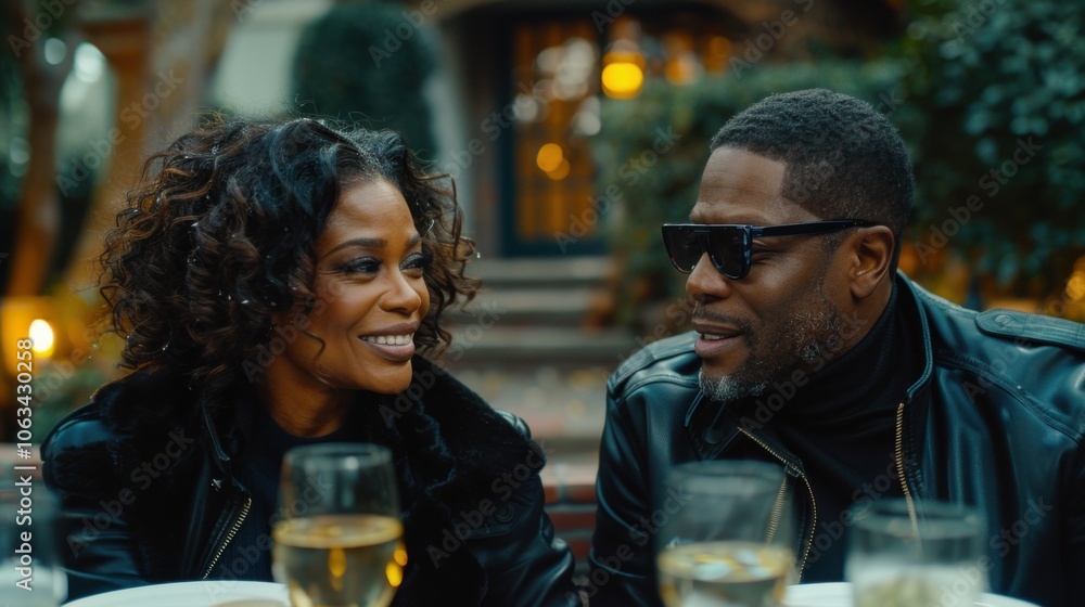 A loving couple shares a joyful moment at a party, surrounded by glasses and warm lighting, as they announce their marriage with smiles and love. A loving couple shares a joyful moment at a party, surrounded by glasses and warm lighting, as they announce their marriage with smiles and love.