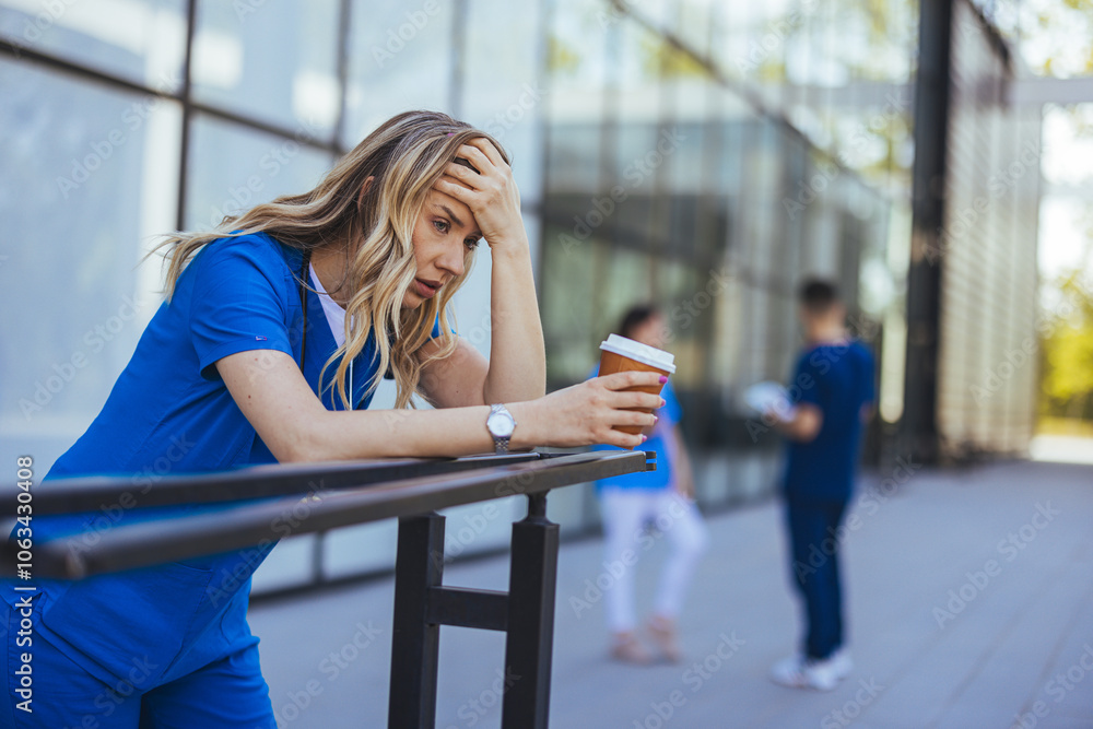 Exhausted Healthcare Worker Taking a Coffee Break Outside Hospital