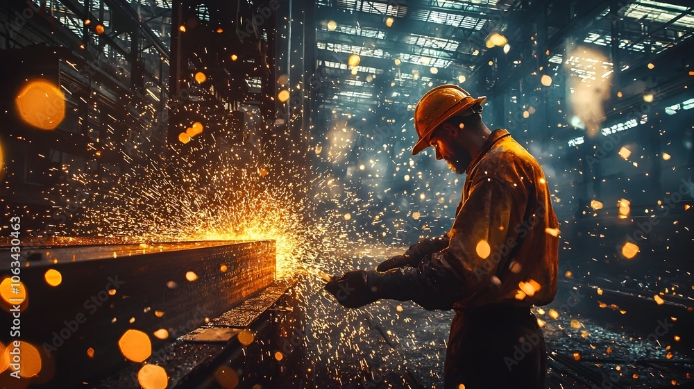 Sparks Fly as Worker Forges Molten Metal into Massive Beams at Steel Mill Symbolizing Heavy Industry Strength and Craftsmanship Sparks Fly as Worker Forges Molten Metal into Massive Beams at Steel Mill Symbolizing Heavy Industry Strength and Craftsmanship