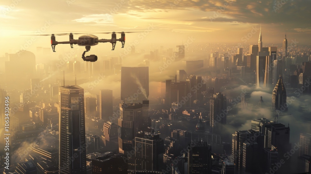 Futuristic drone flying high over a modern city, equipped with a digital camera capturing the urban skyline below. Futuristic drone flying high over a modern city, equipped with a digital camera capturing the urban skyline below.