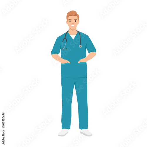 Young man nurse wearing scrubs. Flat vector illustration isolated on white background