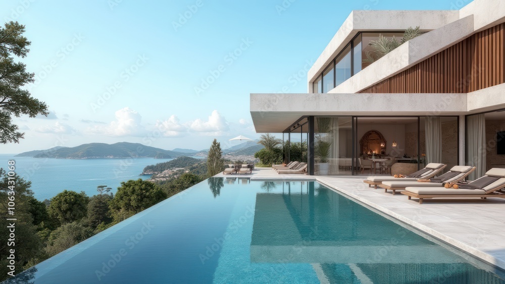 A modern villa with swimming pool overlooking the sea A modern villa with swimming pool overlooking the sea