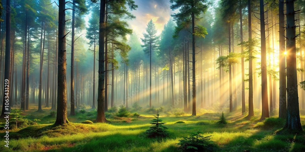 Obraz premium Nature-inspired forest landscape with towering trees and shimmering mist, outdoor photography, natural beauty, misty mornings, watercolor art