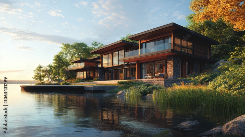 A modern eco-friendly home overlooking a calm lake, featuring A modern eco-friendly home overlooking a calm lake, featuring