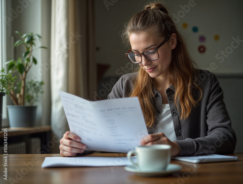 Employed Woman Reflects on Finances Over a Cup of Coffee, Personal finance blog post, Career development, Banking service