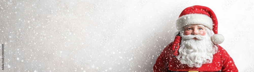 Cheerful Santa Claus in a festive red suit surrounded by falling snow, perfect for holiday spirit and Christmas celebrations. Cheerful Santa Claus in a festive red suit surrounded by falling snow, perfect for holiday spirit and Christmas celebrations.