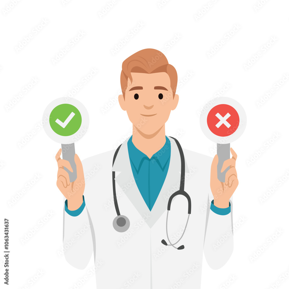 Young doctor with a right and wrong sign. Flat vector illustration isolated on white background Young doctor with a right and wrong sign. Flat vector illustration isolated on white background
