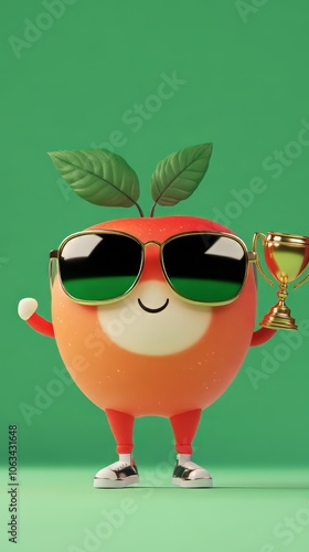 
cute chibbi 3d blender apple character wearing gangster meme sunglasses holding a champion trophy  photo