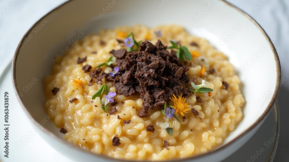 A bowl of risotto with chocolate and flowers A bowl of risotto with chocolate and flowers