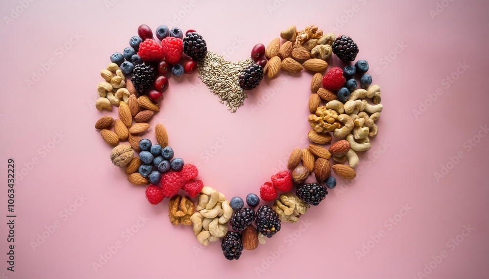 Heart Shaped Arrangement of Nuts and Berries on Pink Background for Healthy Eating, Valentine’s Day Concepts, or Nutritious Snack Promotion in American Wellness and Nutrition Campaigns Heart Shaped Arrangement of Nuts and Berries on Pink Background for Healthy Eating, Valentine’s Day Concepts, or Nutritious Snack Promotion in American Wellness and Nutrition Campaigns