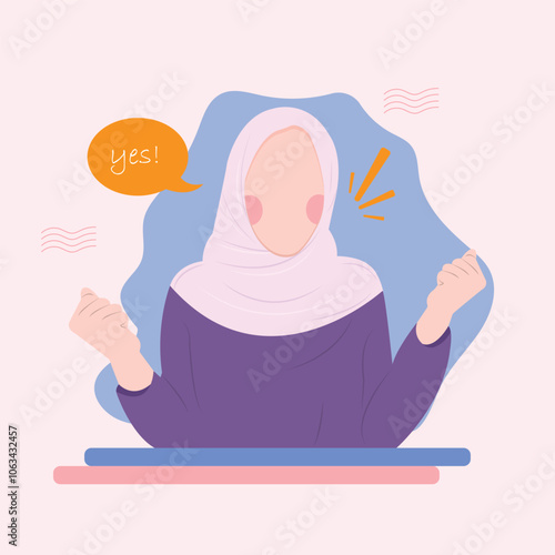 Hijabi happy young muslim woman in the pink abaya and hijab faceless best islamic cartoon expression. Vector illustration, faceless characters