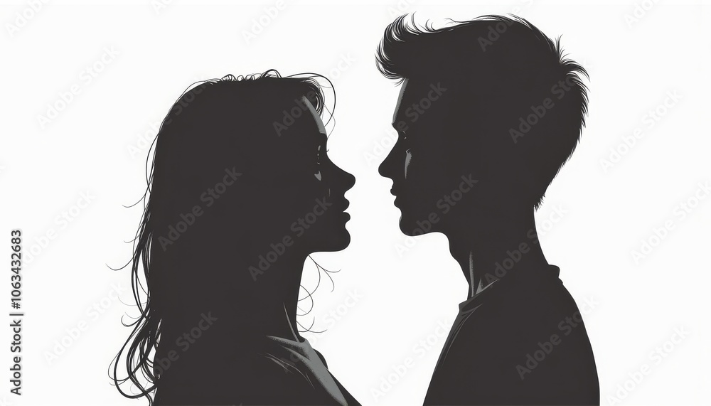 Couple's silhouette, intimate mood, gazing into each other's eyes, white background Couple's silhouette, intimate mood, gazing into each other's eyes, white background