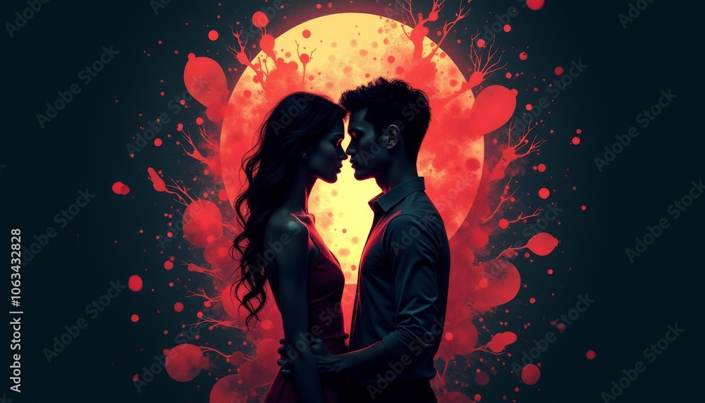 Couple's silhouette, passionate mood, embracing closely, bold red background Couple's silhouette, passionate mood, embracing closely, bold red background