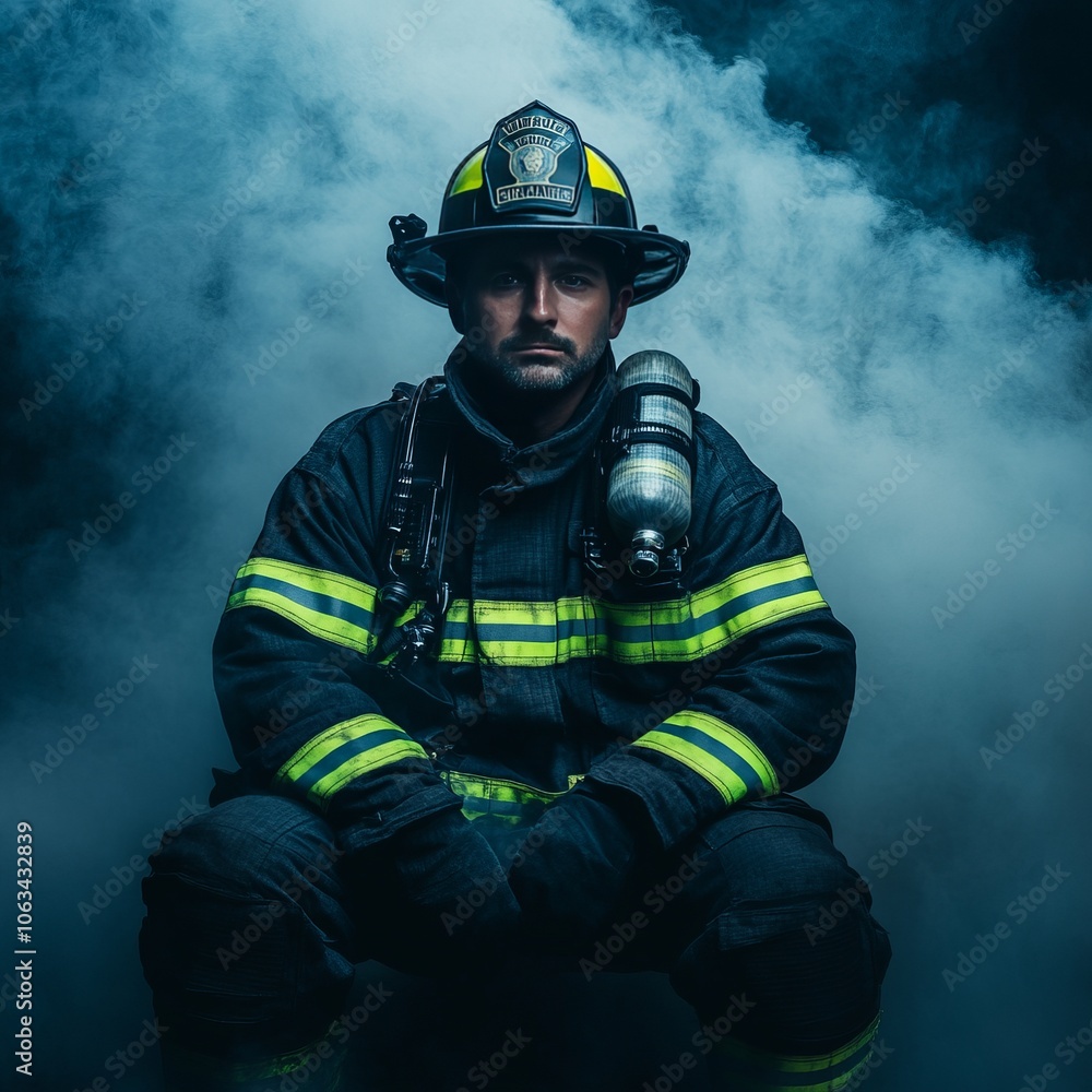 A firefighter in uniform sits amidst smoke, showcasing bravery and readiness. A firefighter in uniform sits amidst smoke, showcasing bravery and readiness.
