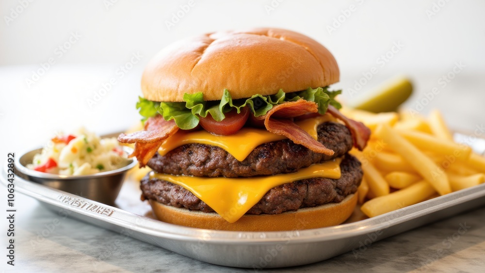 A burger and fries are on the tray A burger and fries are on the tray