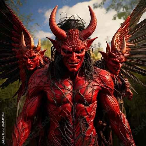 Menacing Red Demons With Horns in a Fiery Landscape photo