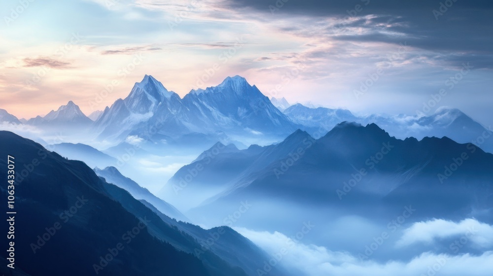 A panoramic view of mountains illuminated by the soft light of dawn A panoramic view of mountains illuminated by the soft light of dawn