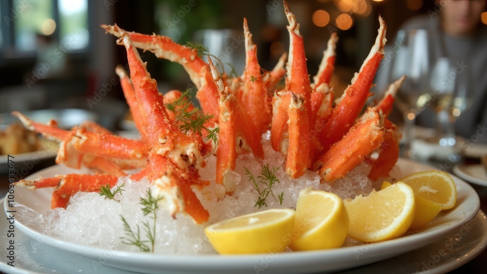 Crab legs on ice with lemon wedges Crab legs on ice with lemon wedges