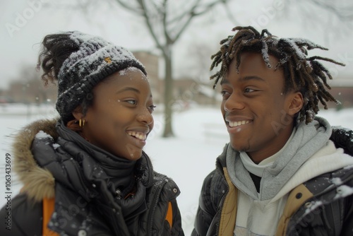 A cheerful couple dressed in winter clothes, smiling at each other amidst a snowy backdrop, exuding warmth and joy despite the cold environment.