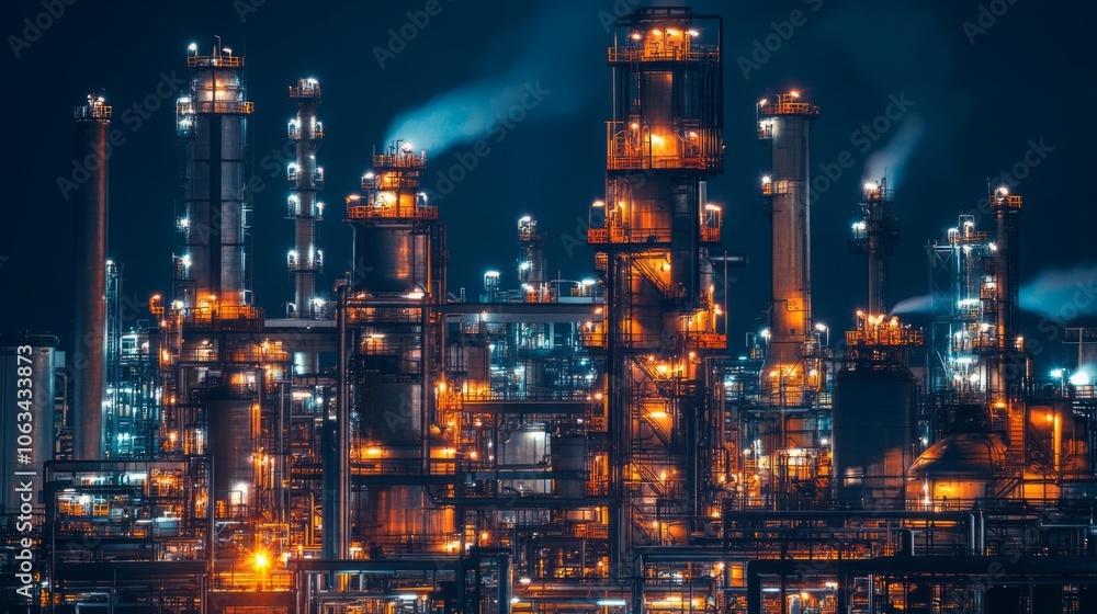 Fototapeta premium Nighttime view of an industrial complex with glowing structures.