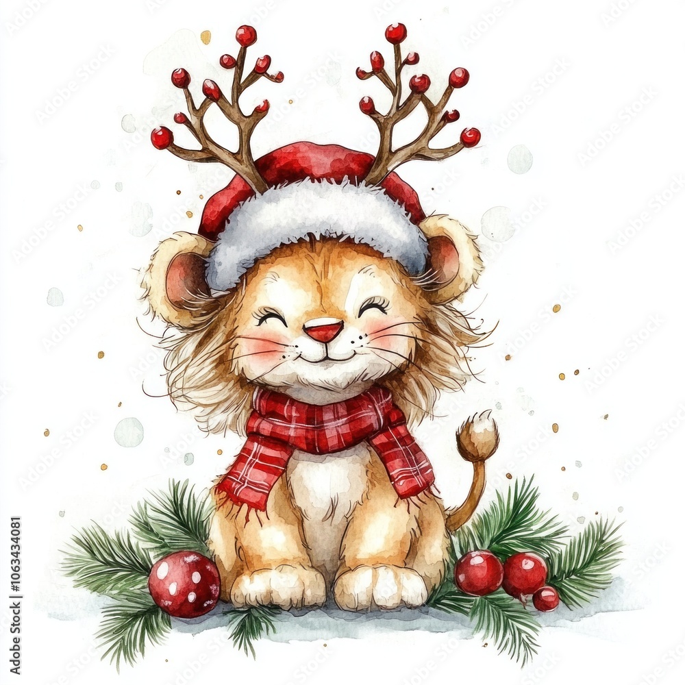 Christmas lion cub with reindeer antlers on white background. Holiday and wildlife. Christmas lion cub with reindeer antlers on white background. Holiday and wildlife.