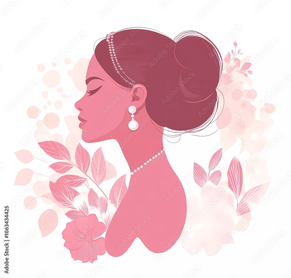 Vector illustration of a beautiful woman's pink silhouette with pearl earrings and a floral background Vector illustration of a beautiful woman's pink silhouette with pearl earrings and a floral background