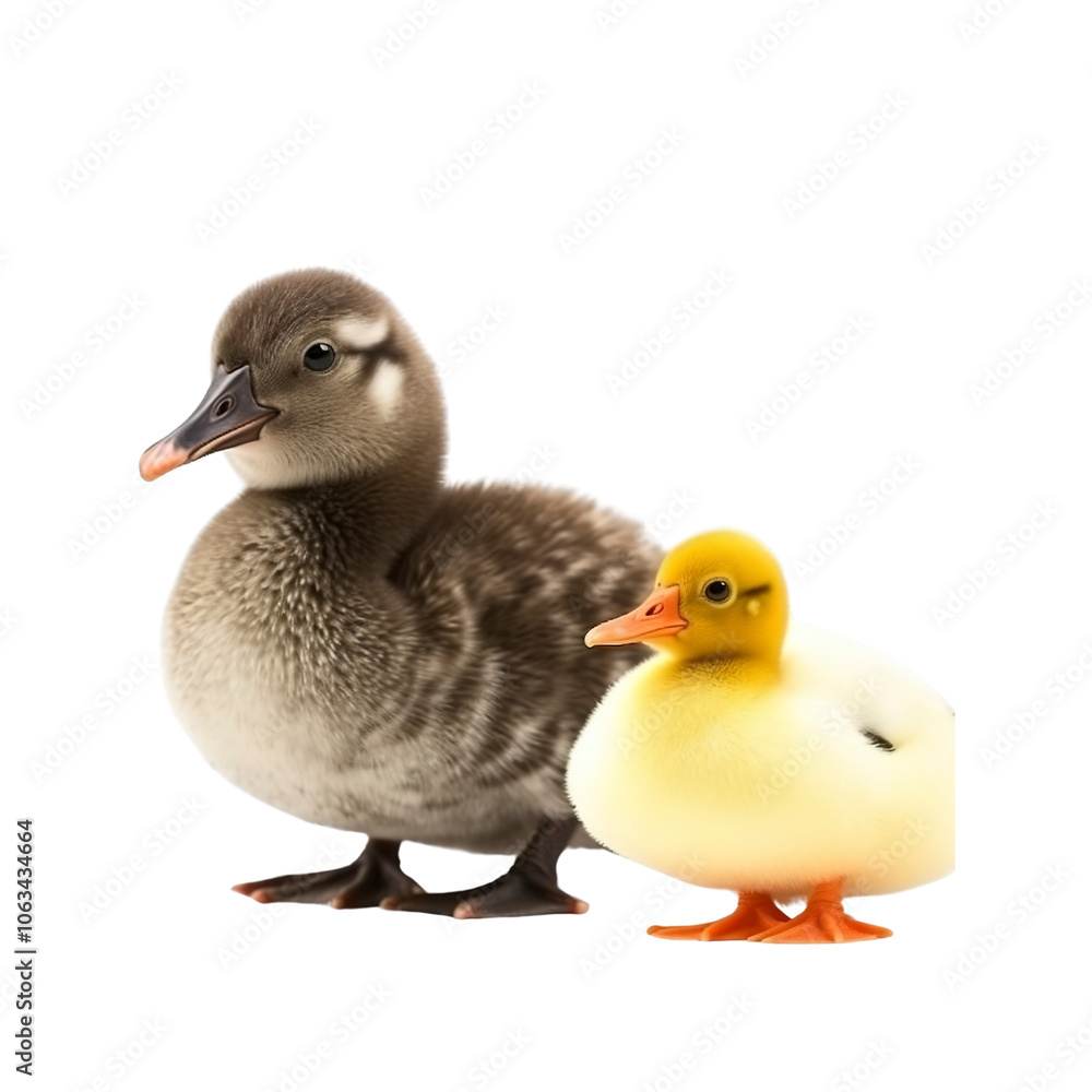 Two Ducklings, One Brown and One Yellow, Against a White Background Two Ducklings, One Brown and One Yellow, Against a White Background