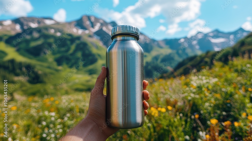 A closeup of a hand holding a reusable water bottle in nature's embrace A closeup of a hand holding a reusable water bottle in nature's embrace