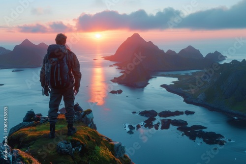 Wallpaper Mural A mature backpacker stands atop a cliff, gazing at a breathtaking sunset over a scenic ocean vista with rugged, mountainous islands. Torontodigital.ca