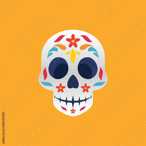Colorful illustration of a sugar skull decorated with flowers, celebrating the day of the dead