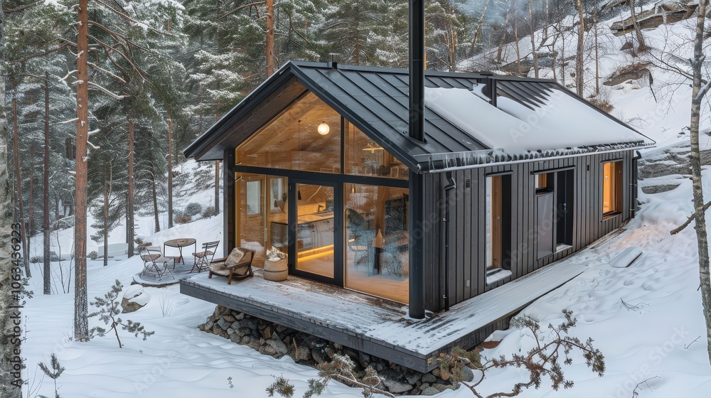 Fototapeta premium Modern Cabin in Snowy Forest