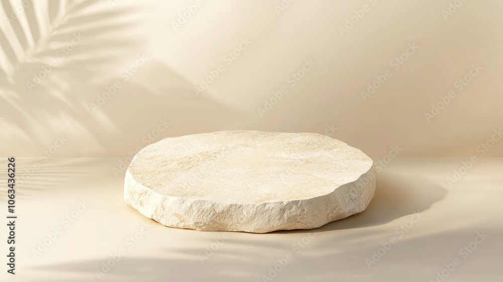 Minimalist stone podium on beige background with soft leaf shadows, perfect for beauty product display Minimalist stone podium on beige background with soft leaf shadows, perfect for beauty product display