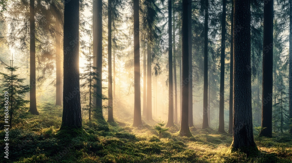 A serene pine forest at dawn, with soft sunlight filtering A serene pine forest at dawn, with soft sunlight filtering