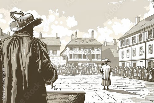 A solemn scene where a town crier in historical attire witnesses a public decree in a town square ,vectorline design , illustration photo