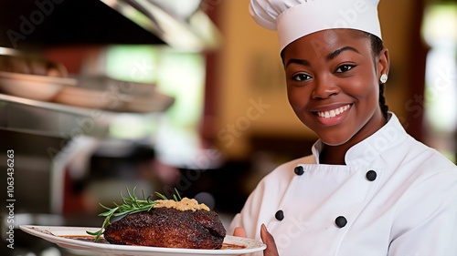 Happy Afrcican American chef proudly presenting a delicious dish in the kitchen. Chef in uniform serving a gourmet dish with a smile. photo