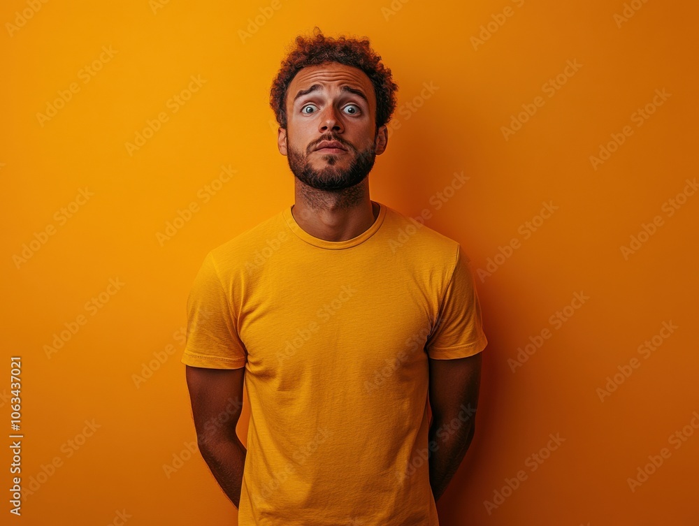 A man with a perplexed expression stands against a solid orange background, wearing a matching orange shirt. The vivid colors convey a playful and quirky mood. A man with a perplexed expression stands against a solid orange background, wearing a matching orange shirt. The vivid colors convey a playful and quirky mood.