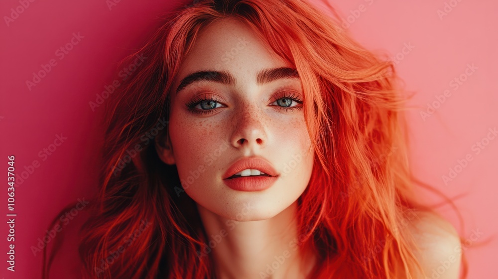 Close-up of a woman with lush, full hair and a bright expression on a minimalist background Close-up of a woman with lush, full hair and a bright expression on a minimalist background