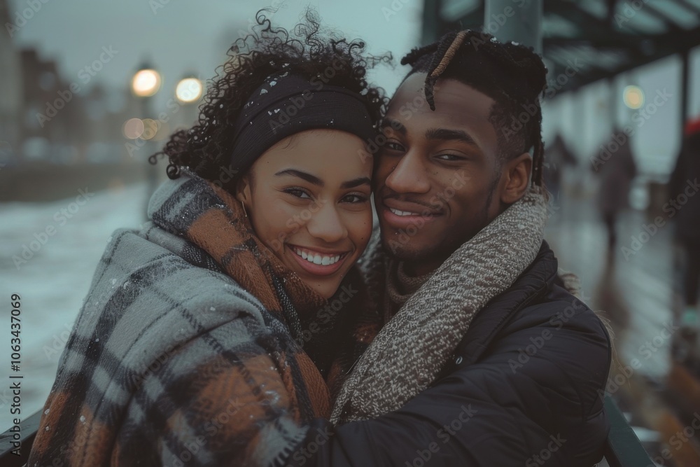 A happy young couple sits close together, smiling warmly on a snowy day. They are wrapped in cozy scarves and coats, radiating joy and warmth. A happy young couple sits close together, smiling warmly on a snowy day. They are wrapped in cozy scarves and coats, radiating joy and warmth.
